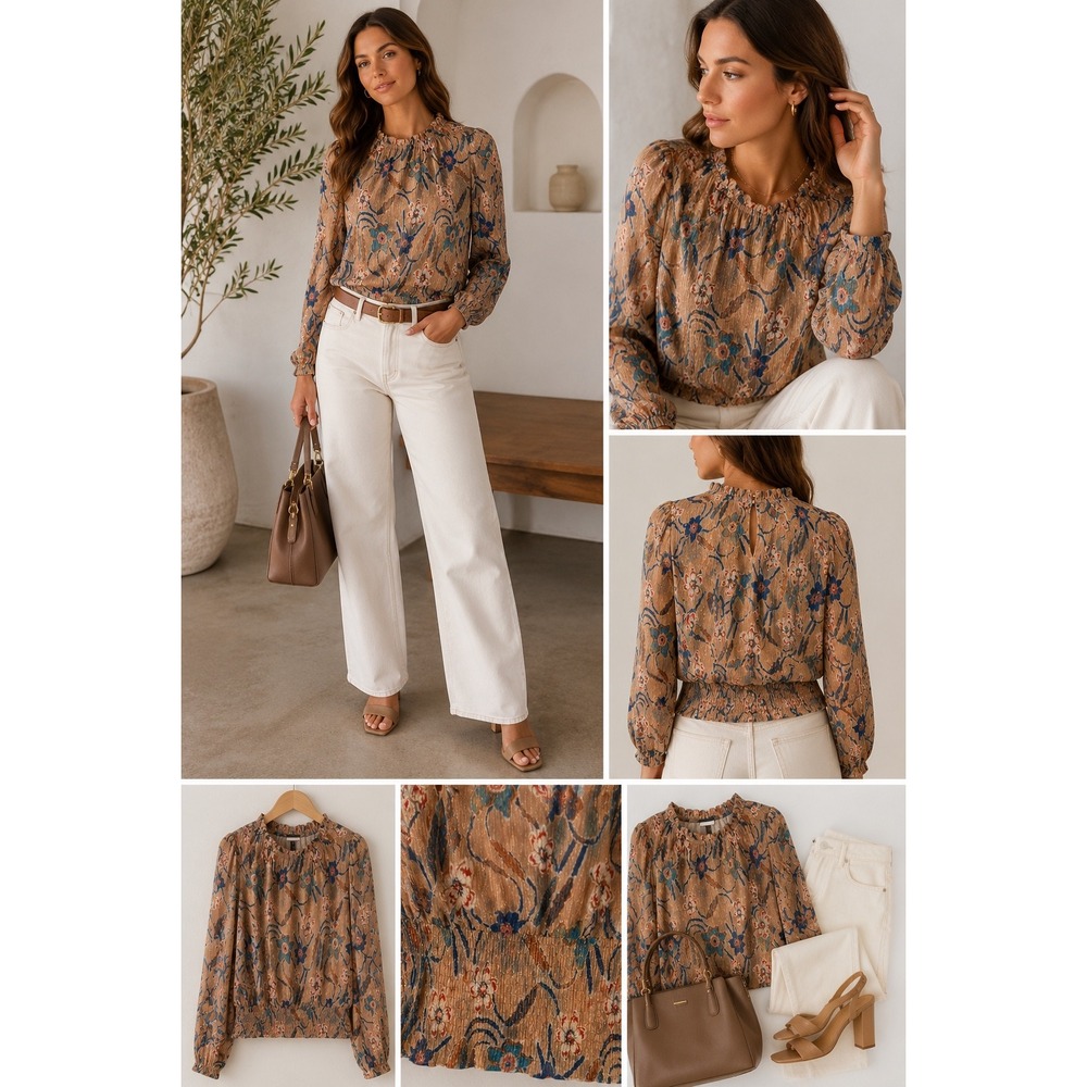 Joie Blouse Womens M Beige Metallic Floral Long Sleeve Smocked Peasant Boho Chic